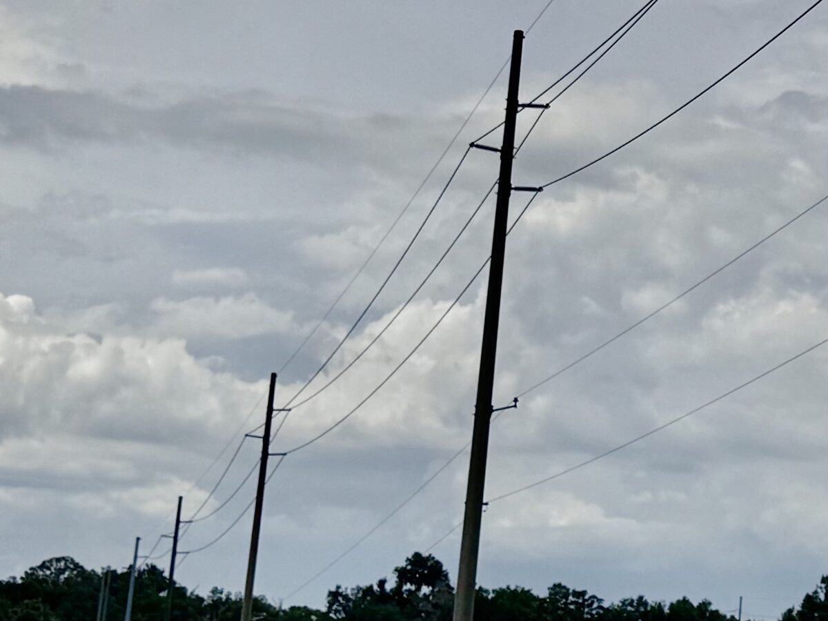 TECO high-voltage utility poles along the transmission corridor in Valrico, FL